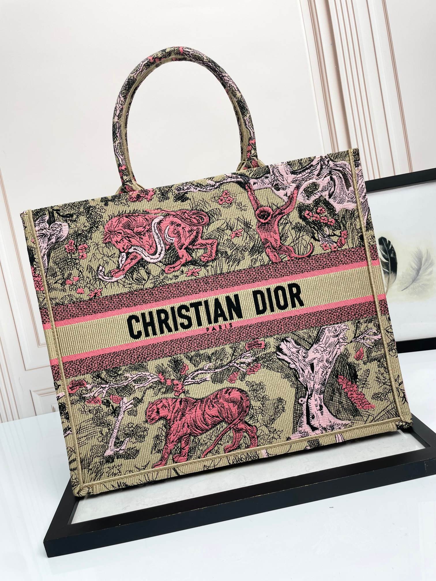 Christian Dior Medium Book Tote - Pink Toile de Jouy Embroidery