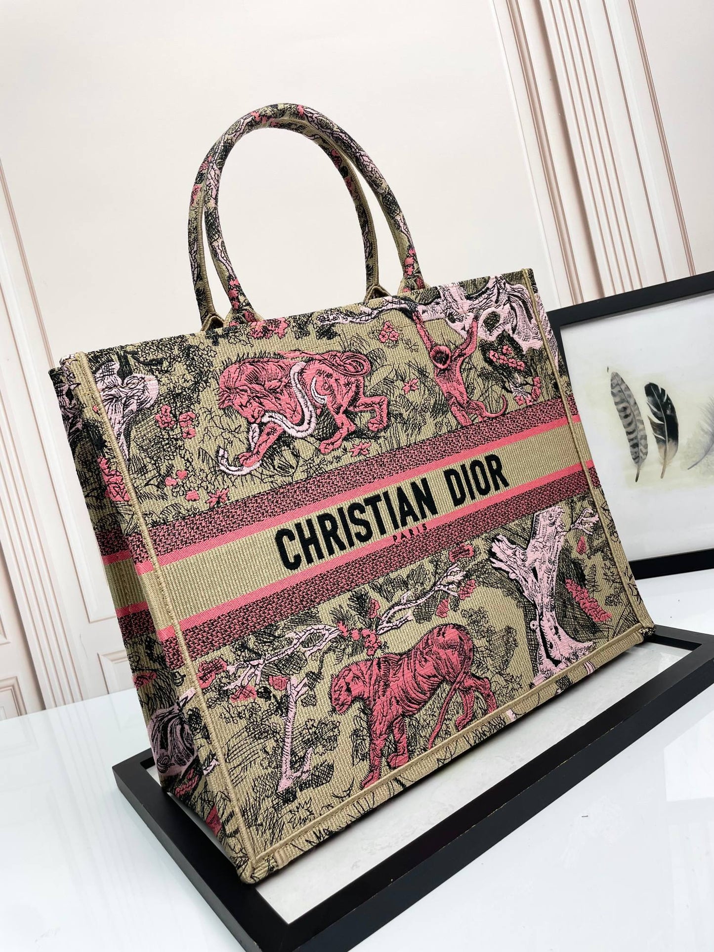 Christian Dior Medium Book Tote - Pink Toile de Jouy Embroidery