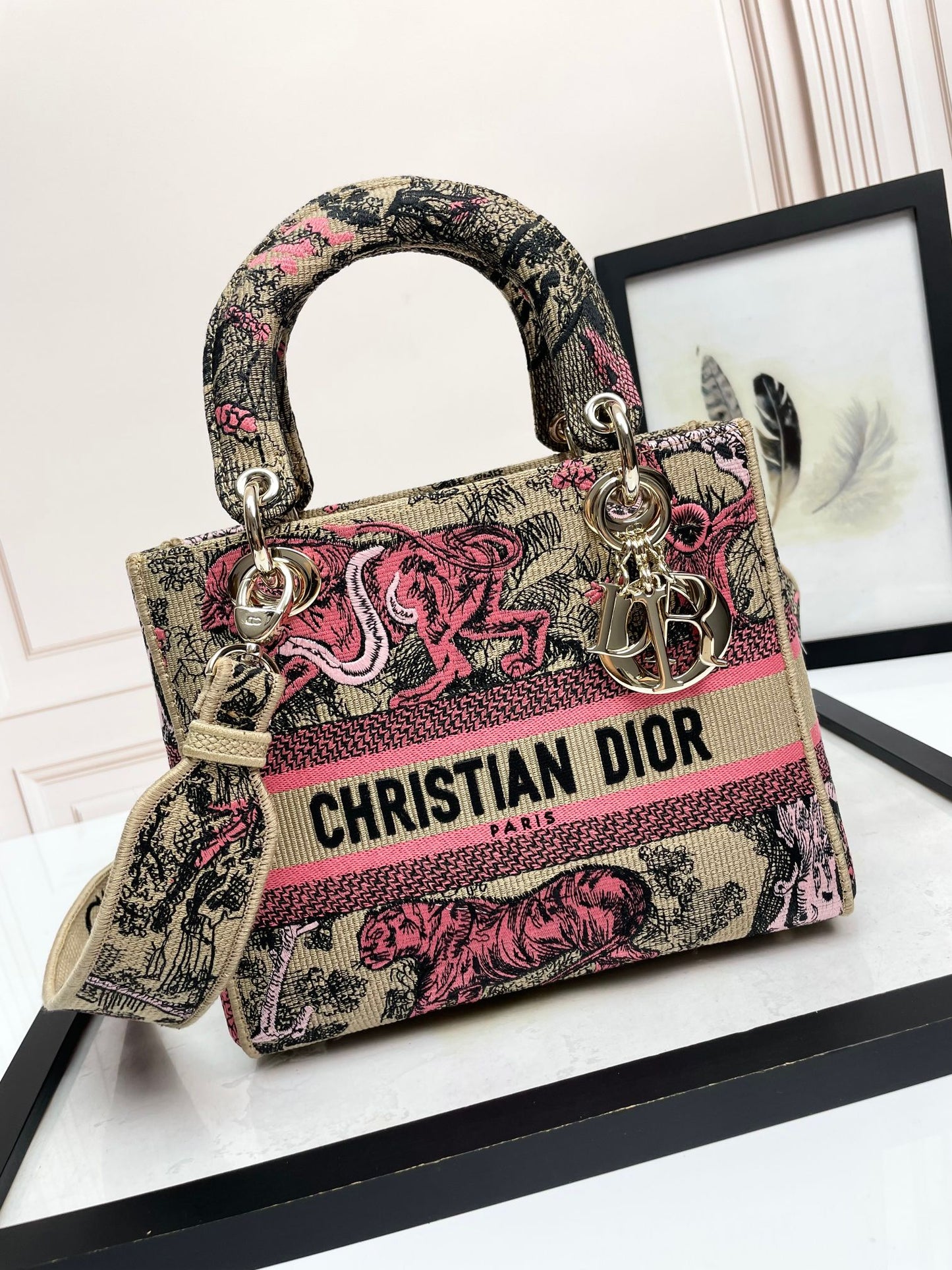 Christian Dior Medium Lady D-Lite Bag - Burgundy Toile de Jouy Reverse Embroidery