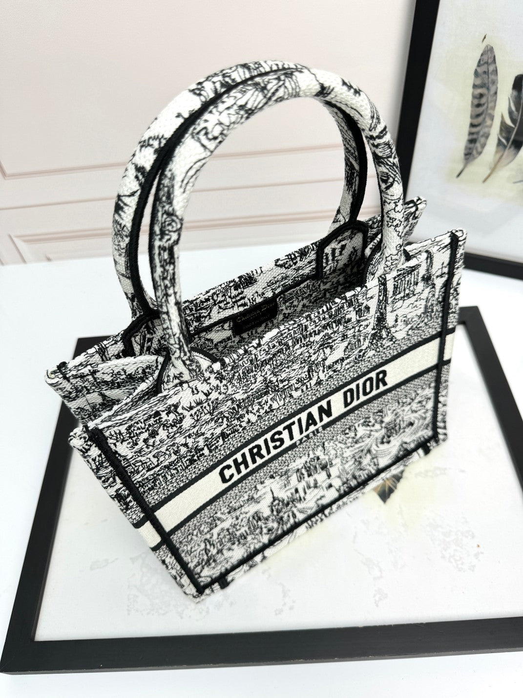 Christian Dior Book Tote - Black and White Embroidered Toile de Jouy Canvas