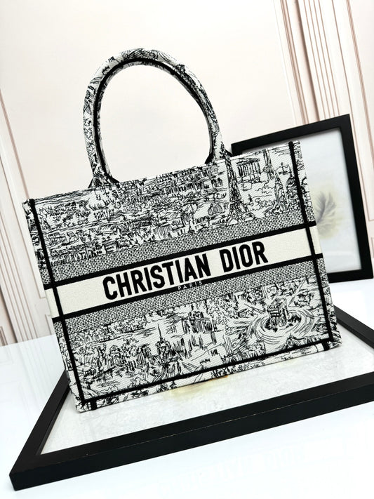 Christian Dior Large Book Tote Black and White Toile de Jouy Embroidery Handbag