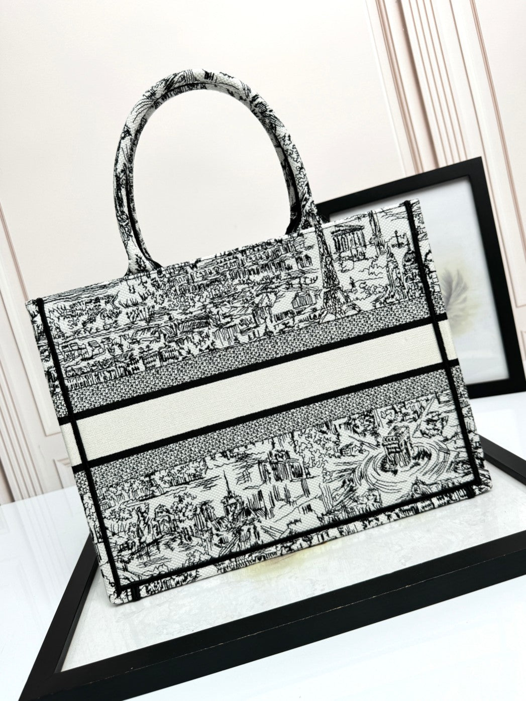 Dior Black and White Toile Print Large Canvas Tote Shoulder Bag