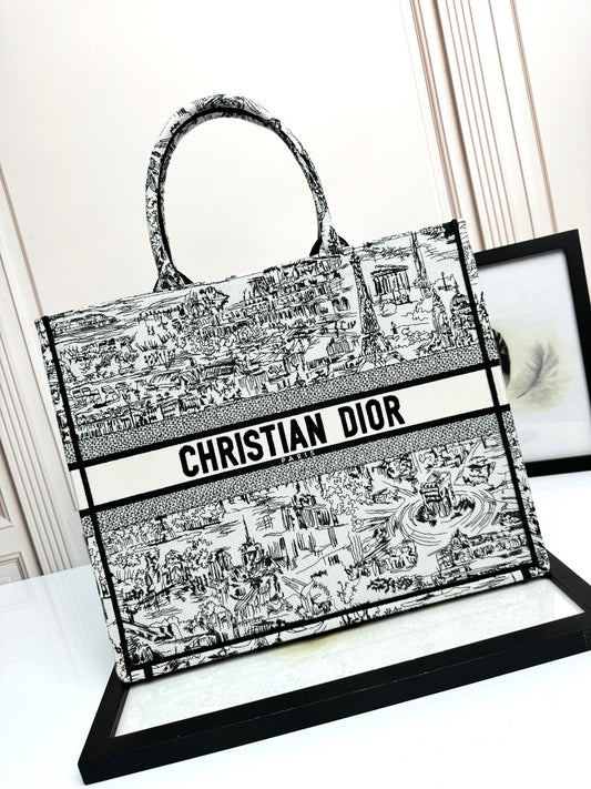 Christian Dior Large Book Tote Bag - Black and White Toile de Jouy Embroidery