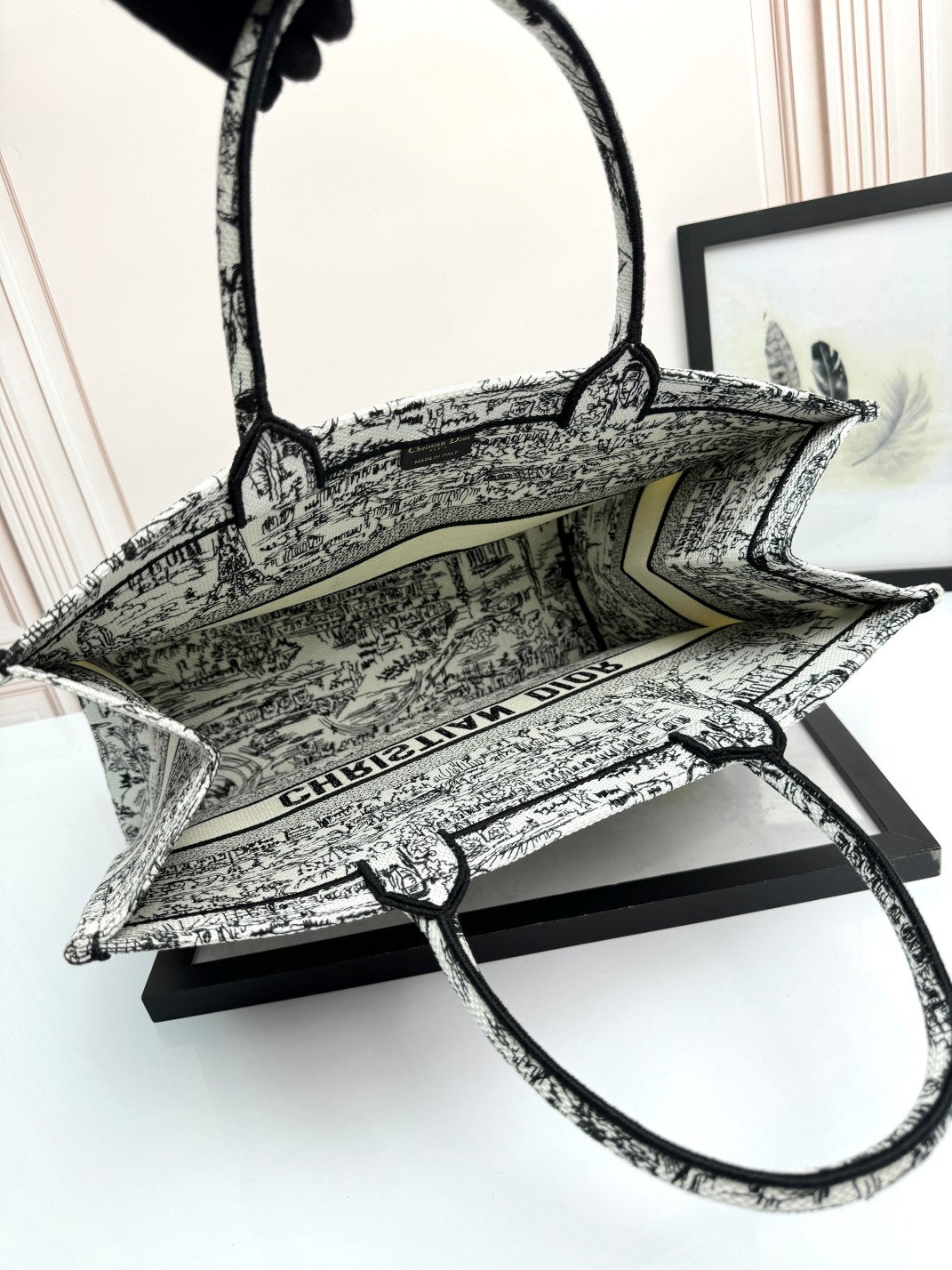 Christian Dior Large Book Tote Bag - Black and White Toile de Jouy Embroidery