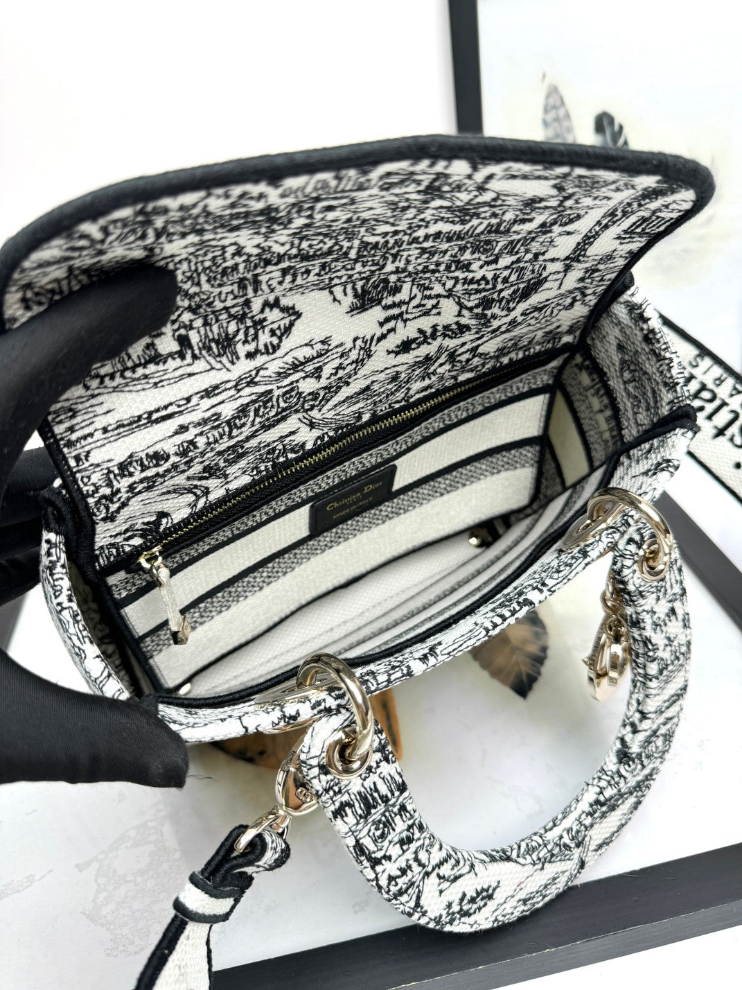 Christian Dior Lady D-Lite Bag Toile de Jouy Embroidery Handbag - White & Black