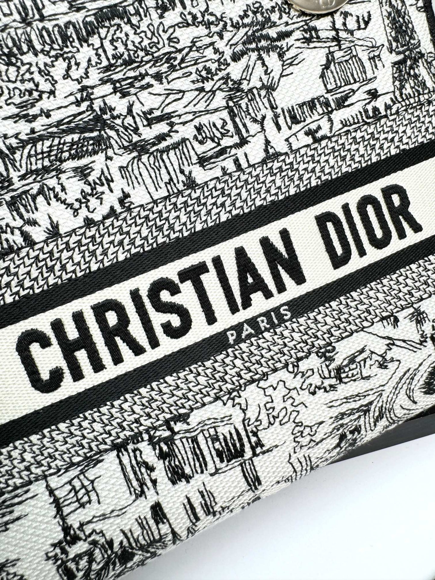 Dior Black and White Toile Print Embroidered Canvas Top Handle Handbag