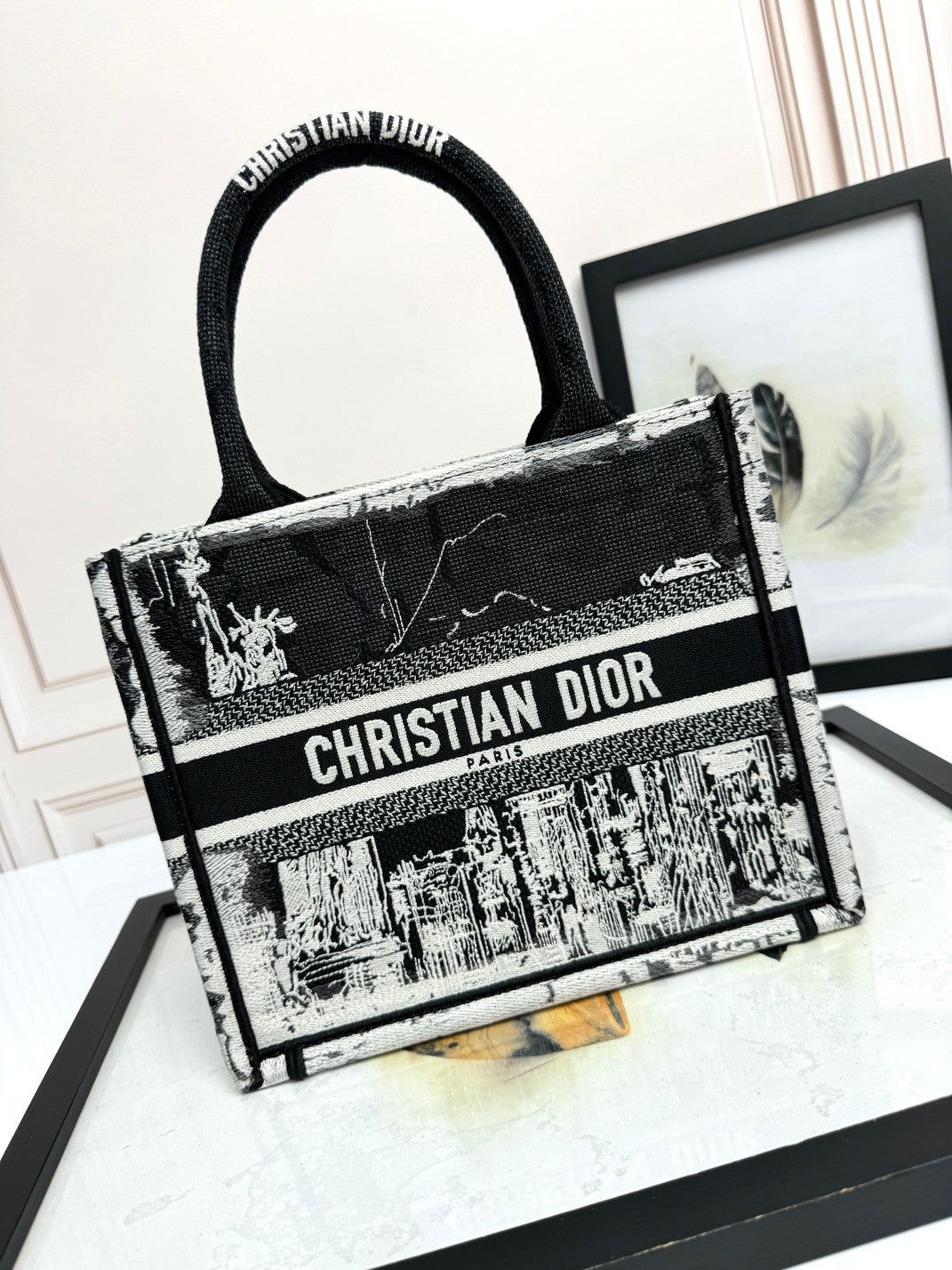 Christian Dior Small Book Tote Bag Black and White Embroidery