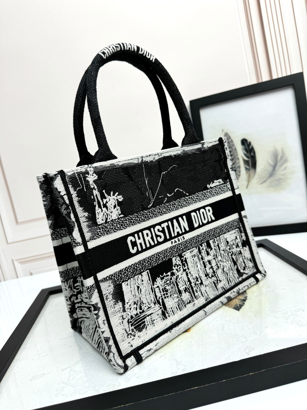 Christian Dior Small Book Tote Bag Black and White Embroidery