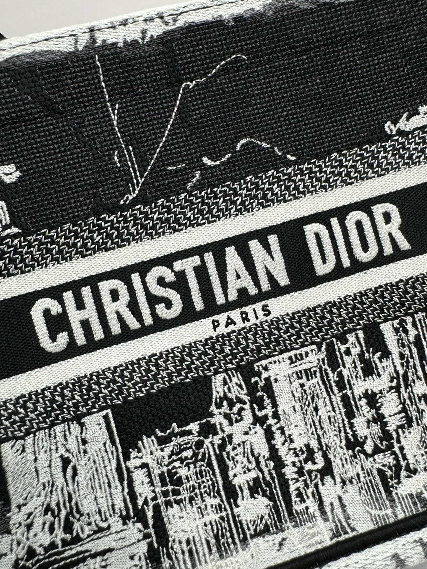 Christian Dior Medium Book Tote - Black and White Embroidered Cityscape Canvas Bag