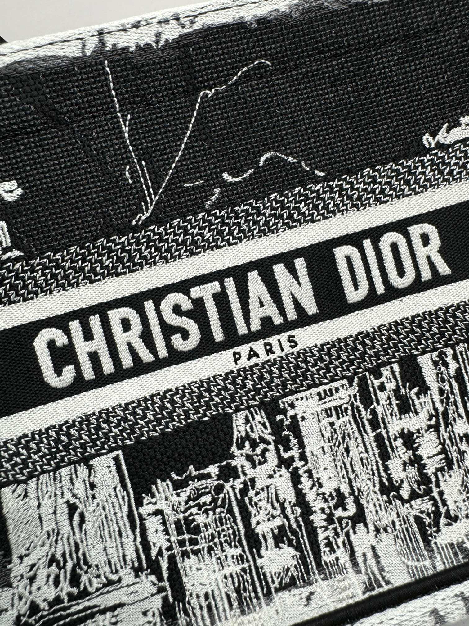 Dior Monochrome City Landscape Embroidered Canvas Tote Handbag