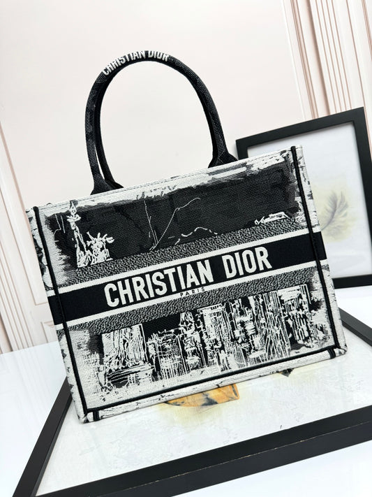 Christian Dior Black and White Book Tote Bag - Embroidery Canvas Handbag