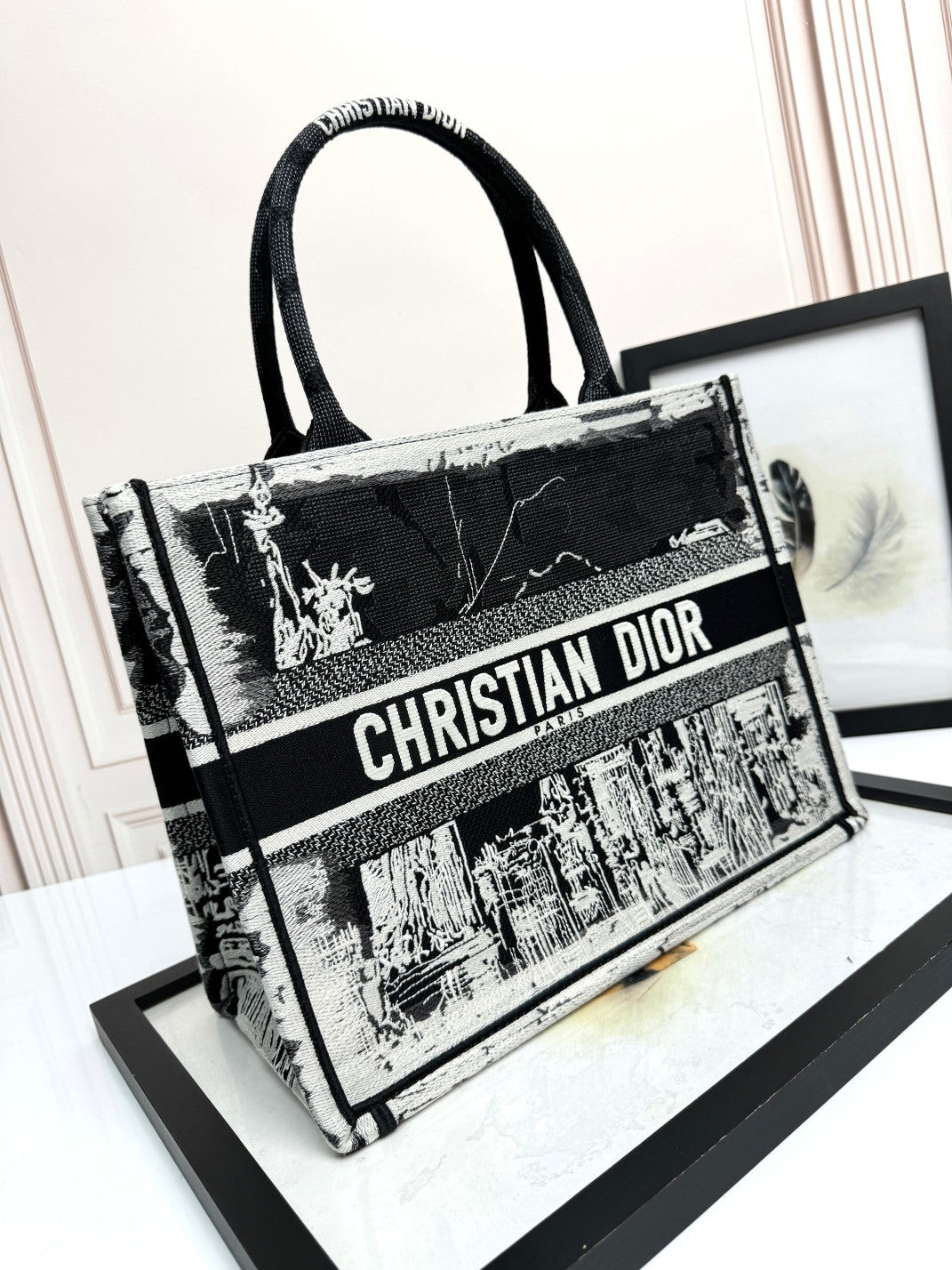 Christian Dior Book Tote Bag - Black and White Embroidered Canvas