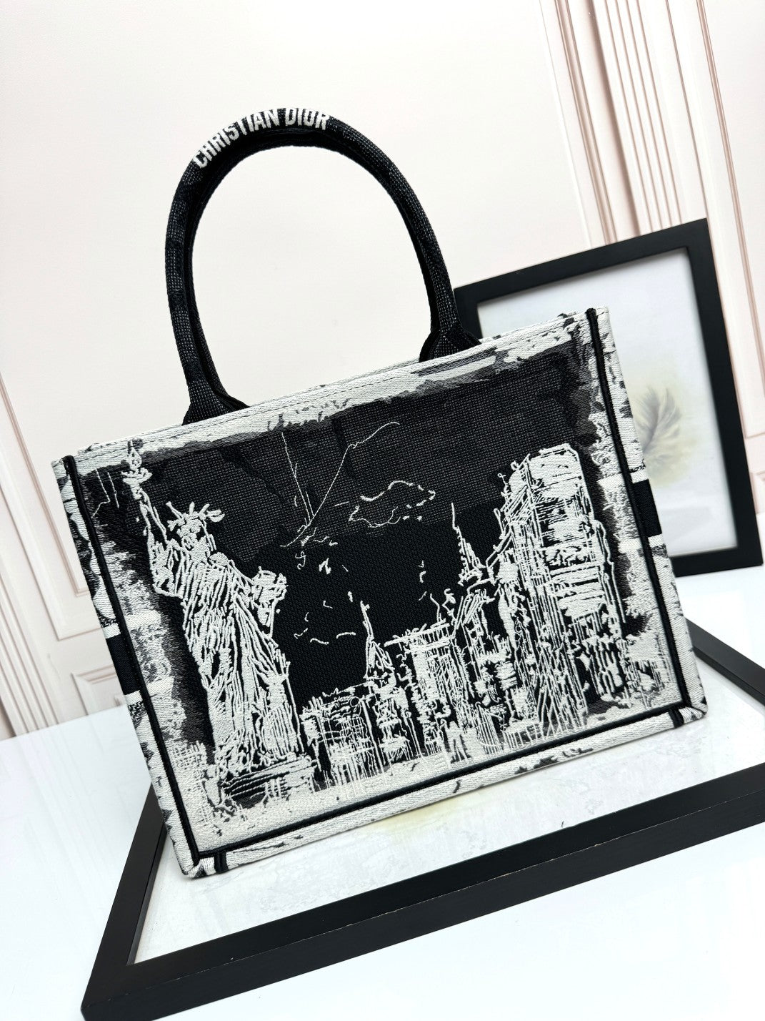 Christian Dior Black and White Book Tote Bag - Embroidery Canvas Handbag