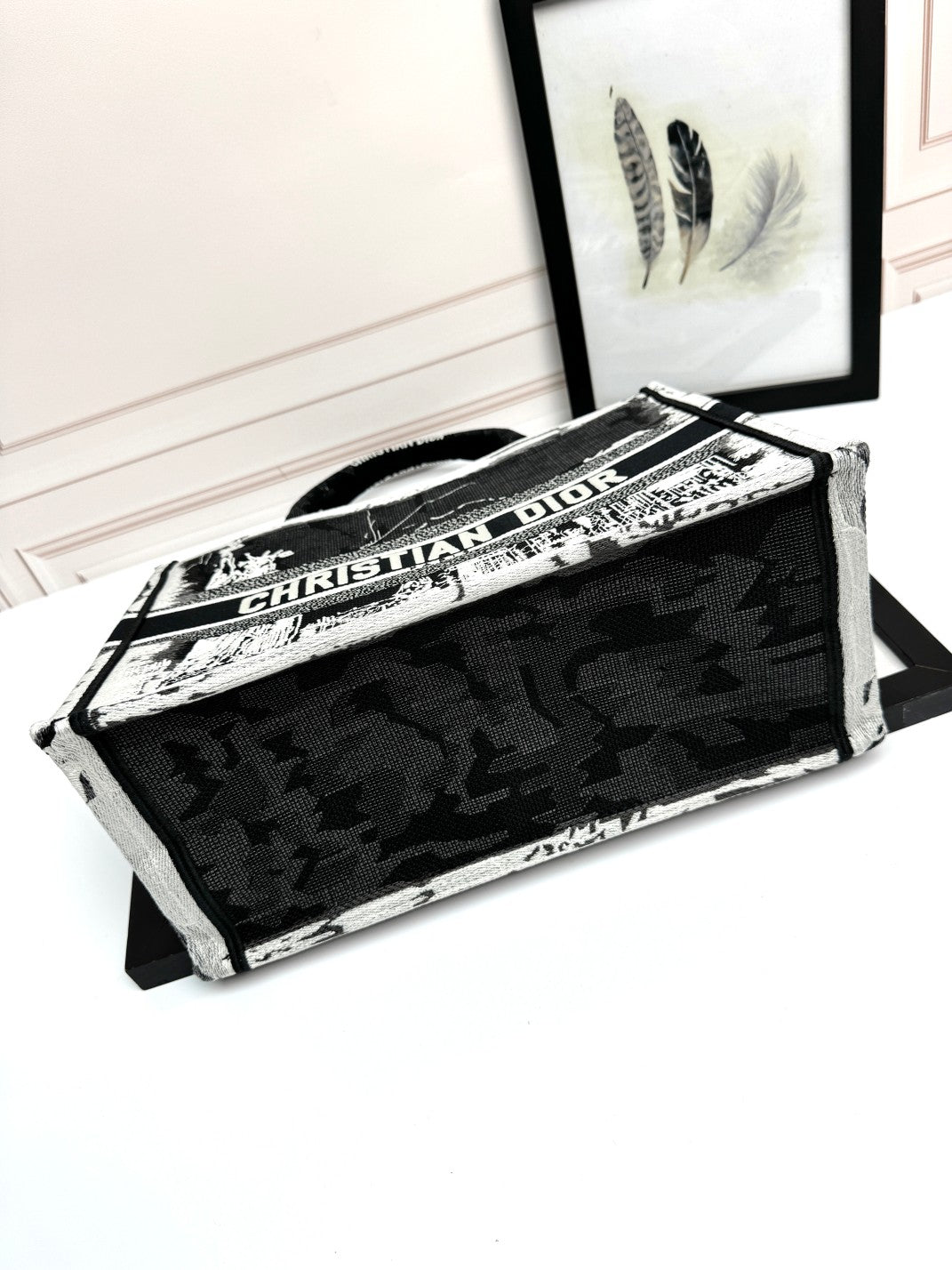 Christian Dior Book Tote Bag - Black and White Embroidered Canvas
