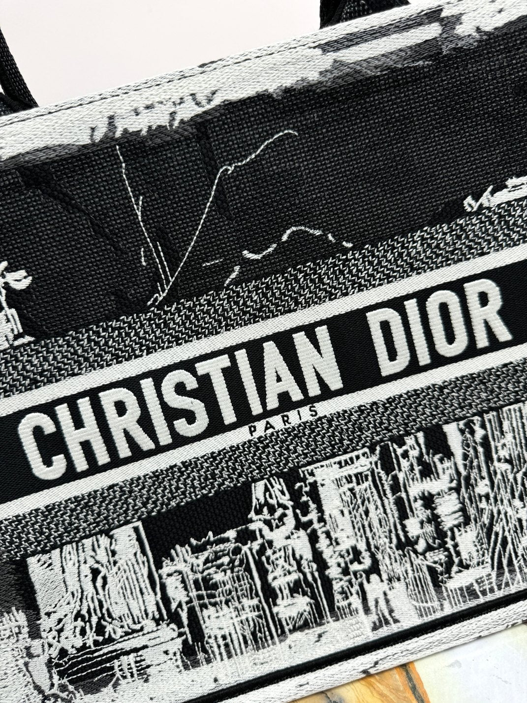 Christian Dior Black and White Book Tote Bag - Embroidery Canvas Handbag