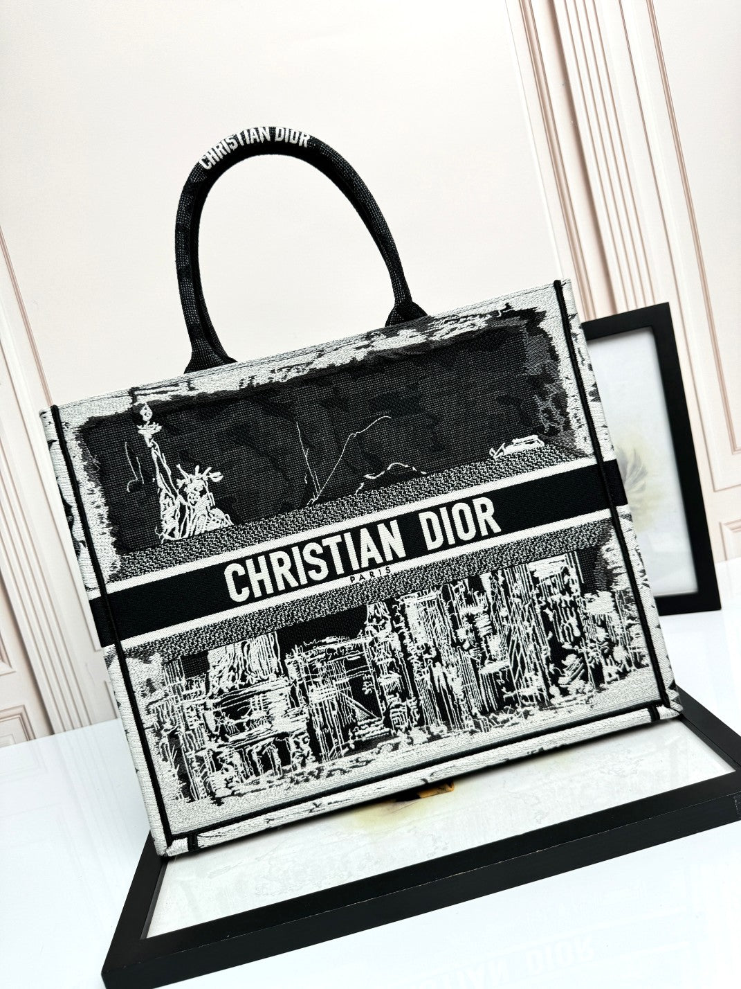 Christian Dior Large Book Tote Black and White New York City Skyline Motif