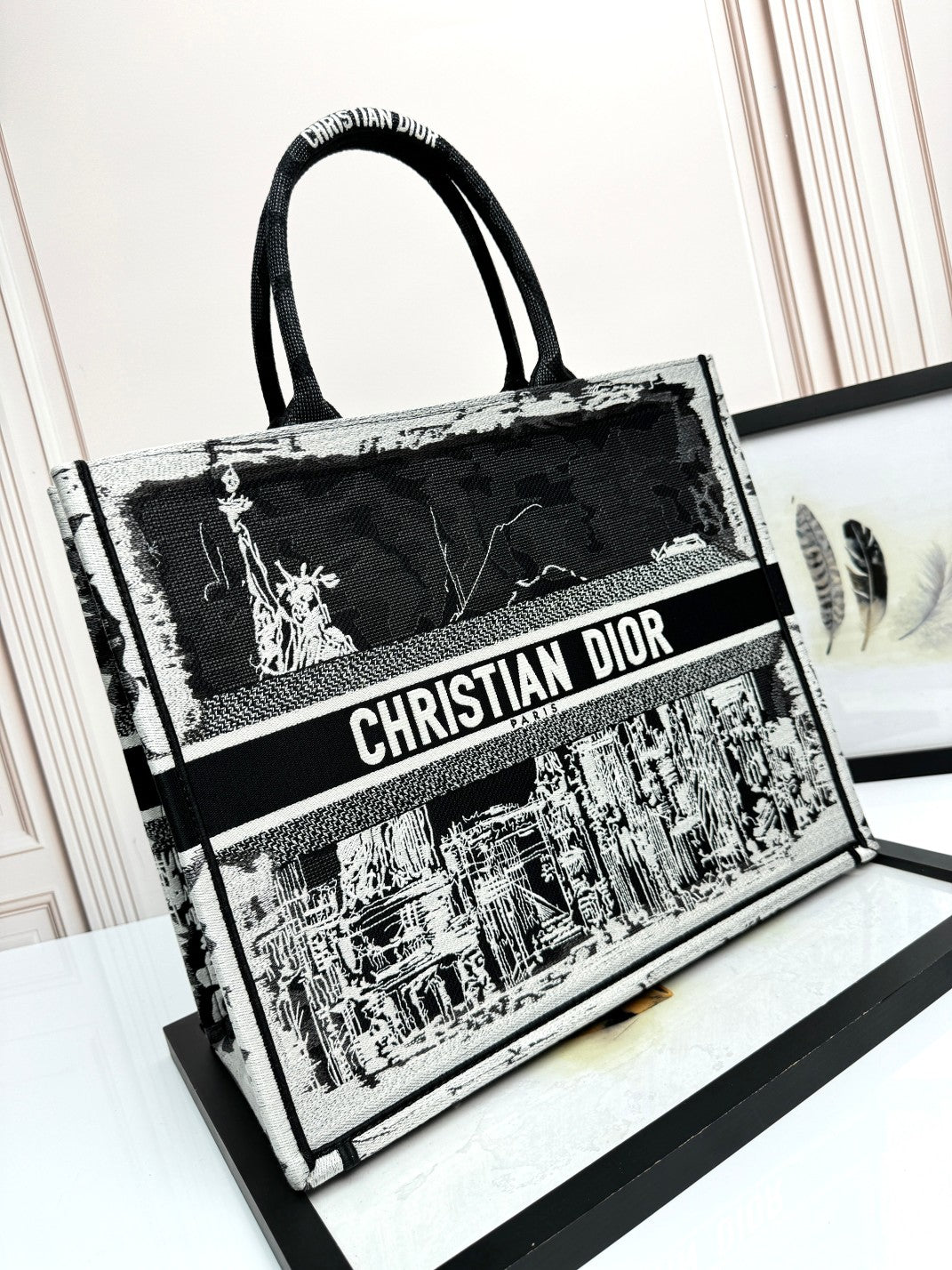 Christian Dior Large Book Tote Black and White New York City Skyline Motif