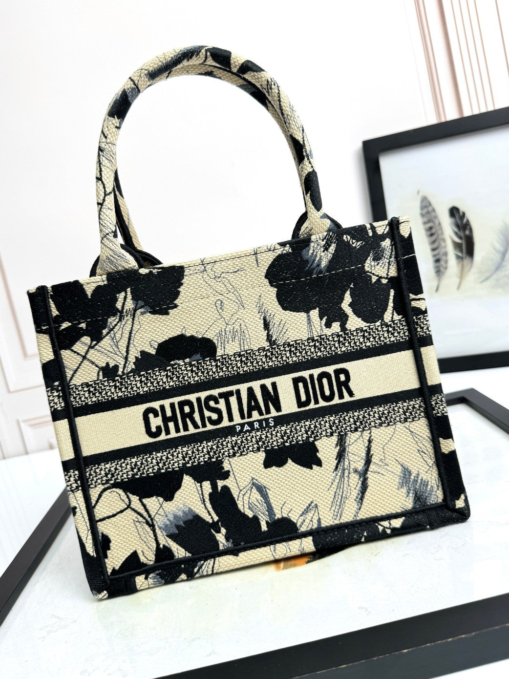 Christian Dior Small Book Tote - Black and Beige Floral Embroidery