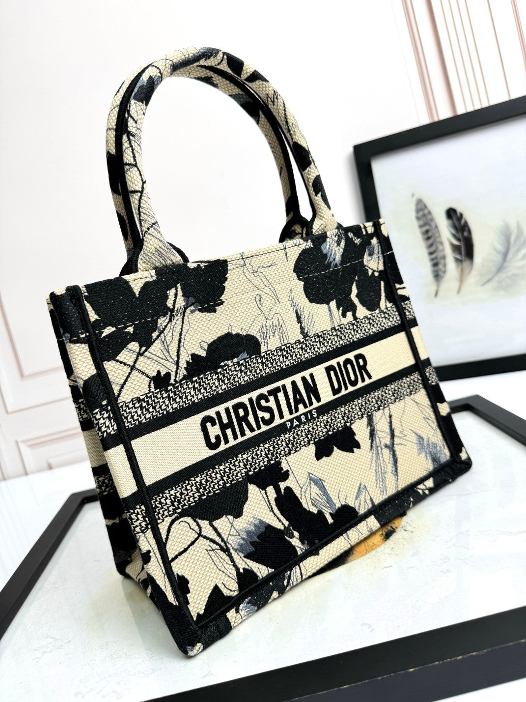 Christian Dior Small Book Tote - Black and Beige Floral Embroidery