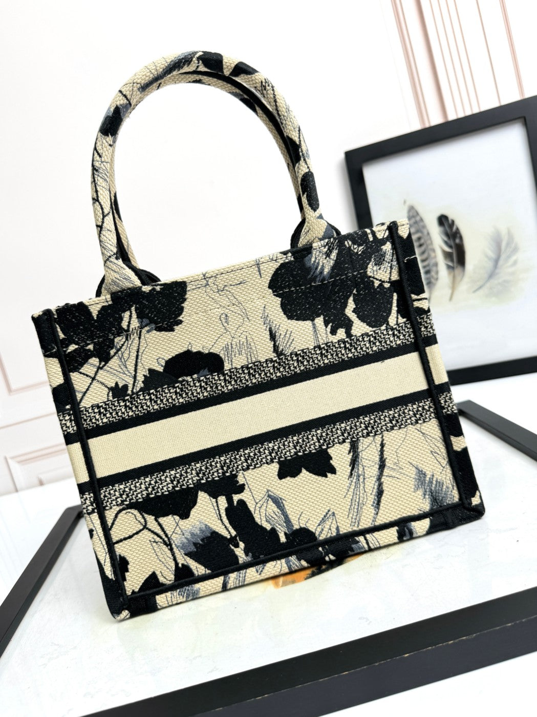 Christian Dior Medium Book Tote - Black and Beige Floral Embroidered Canvas