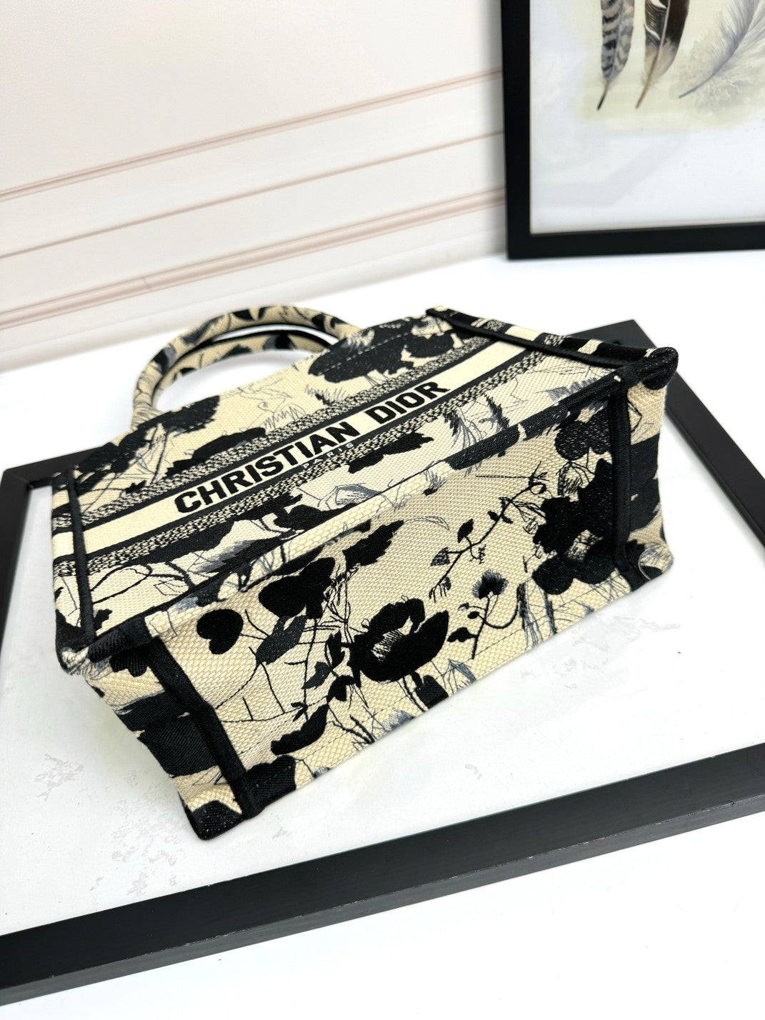 Christian Dior Medium Book Tote - Black and Beige Floral Embroidered Canvas