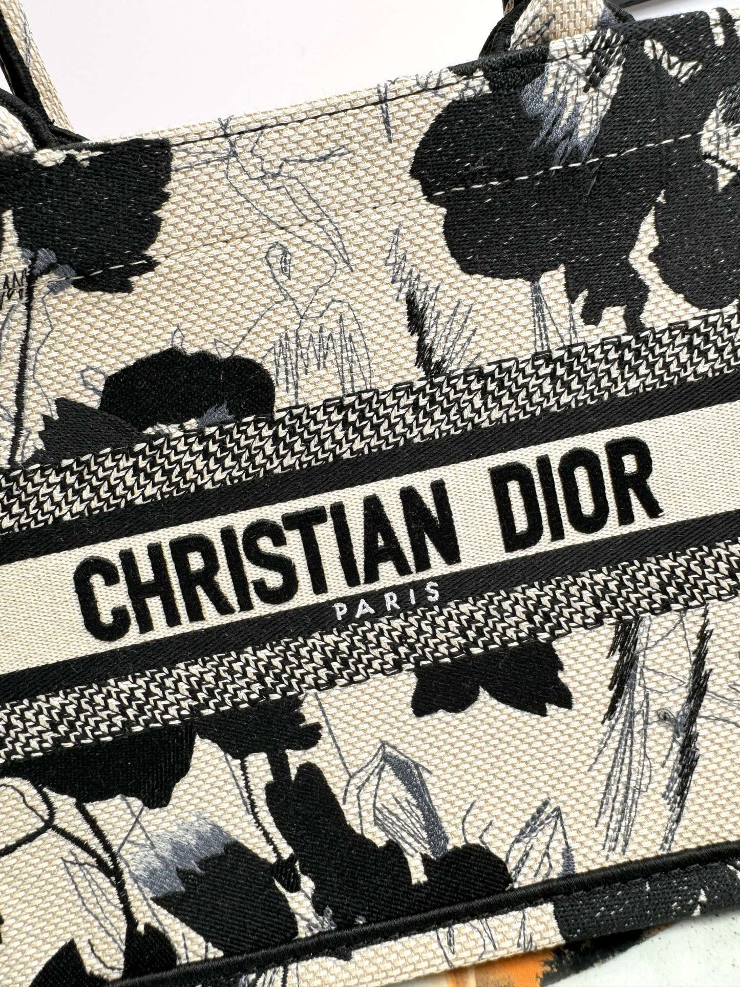 Christian Dior Small Book Tote - Black and Beige Floral Embroidery
