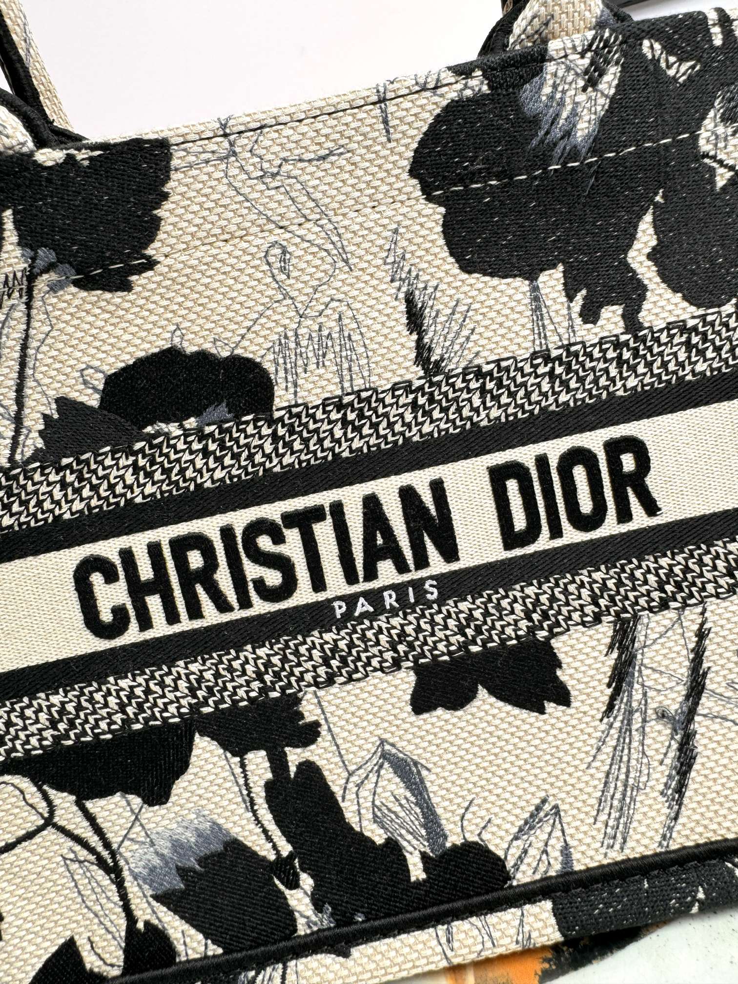 Christian Dior Medium Book Tote - Black and Beige Floral Embroidered Canvas