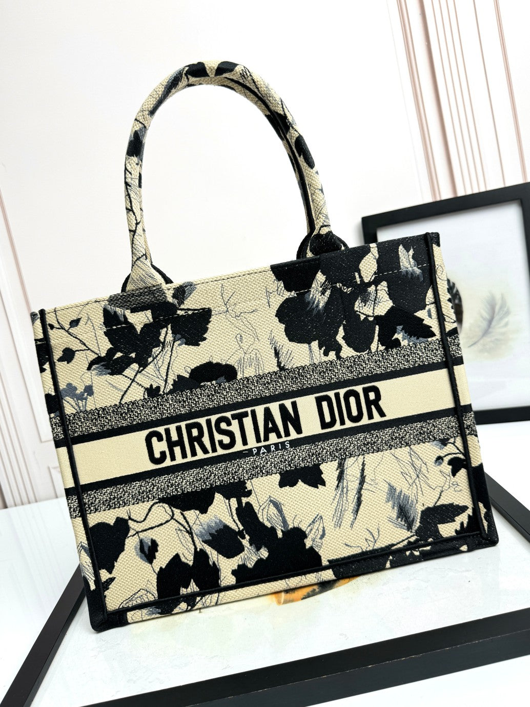 Christian Dior Medium Book Tote - Black and White Floral Embroidered Canvas