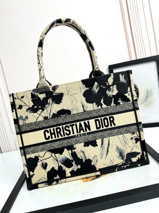 Christian Dior Medium Book Tote - Black and White Floral Embroidered Canvas