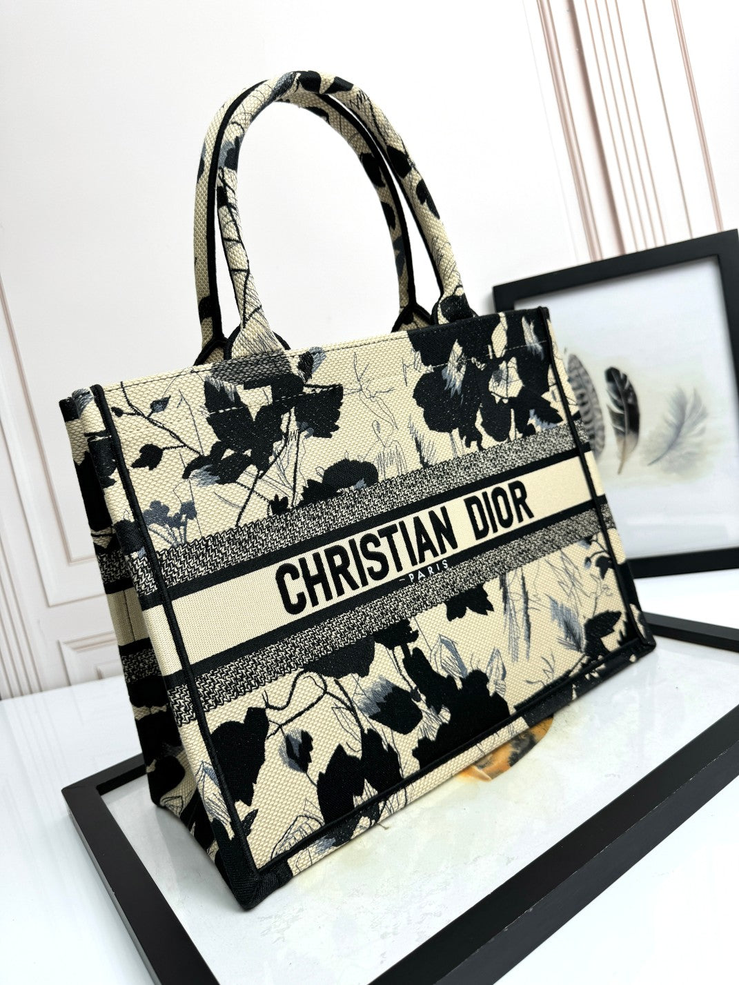 Christian Dior Medium Book Tote - Black and Beige Floral Embroidered Canvas