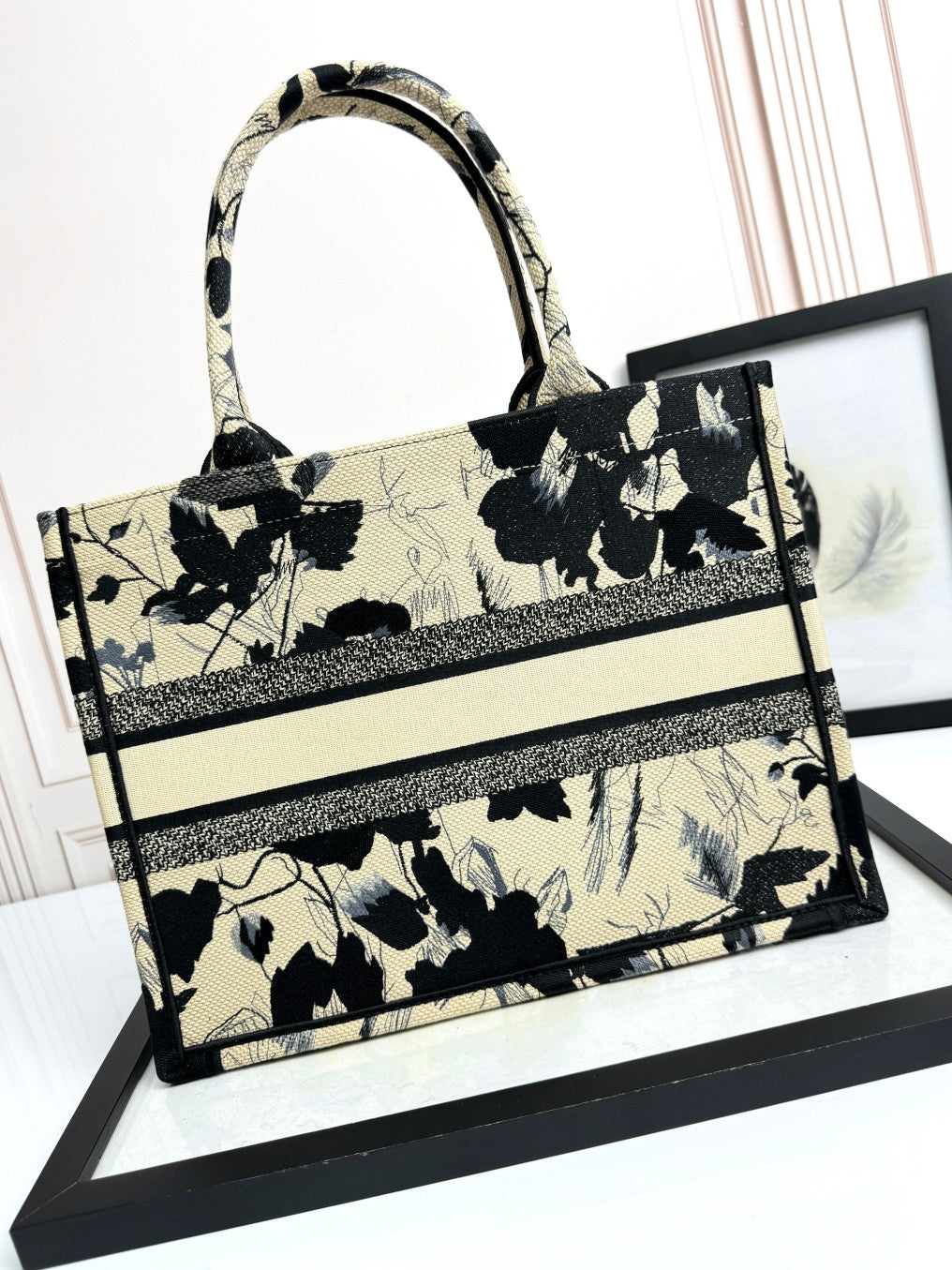 Christian Dior Medium Book Tote - Black and Beige Floral Embroidered Canvas