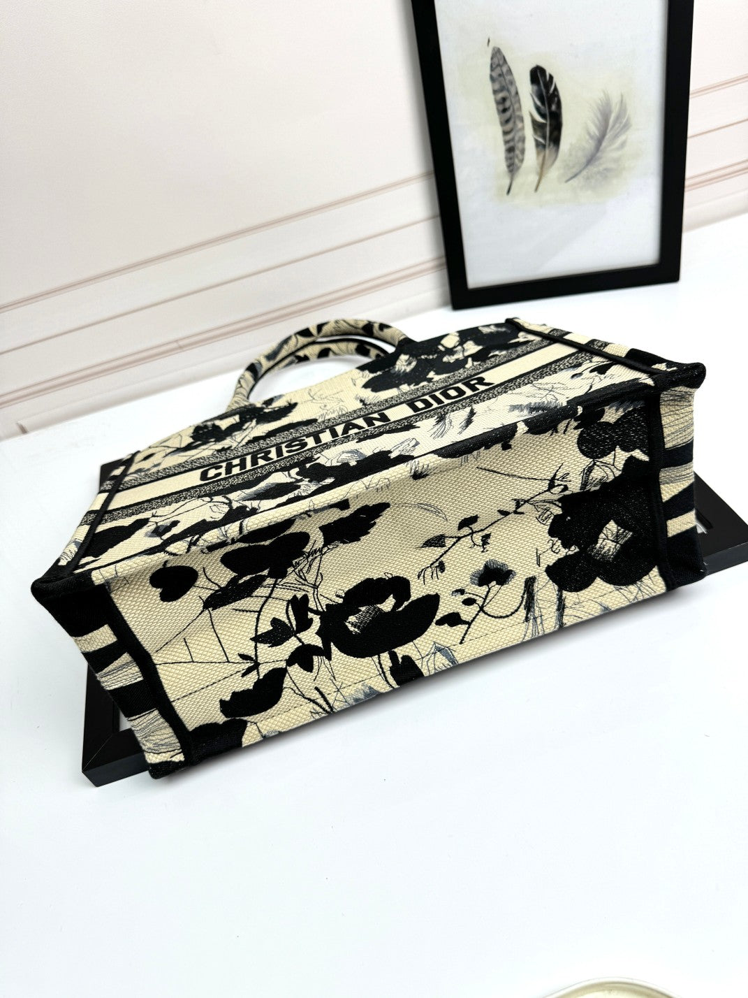 Christian Dior Medium Book Tote - Black and Beige Floral Embroidered Canvas