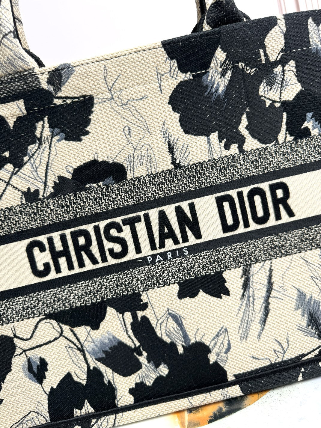 Christian Dior Medium Book Tote - Black and Beige Floral Embroidered Canvas
