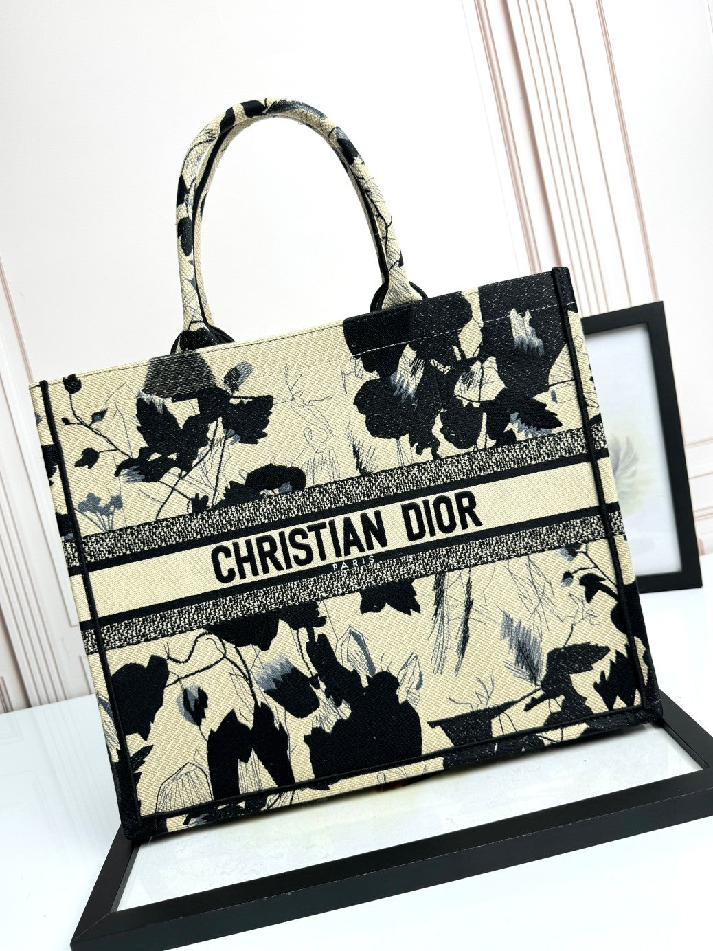Christian Dior Large Book Tote Black and White Floral Embroidered Canvas