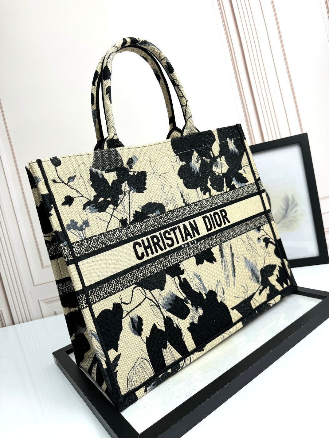 Christian Dior Large Book Tote Black and White Floral Embroidered Canvas