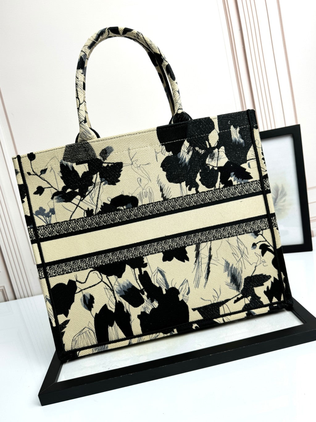 Christian Dior Book Tote Black and White Floral Embroidered Canvas Bag