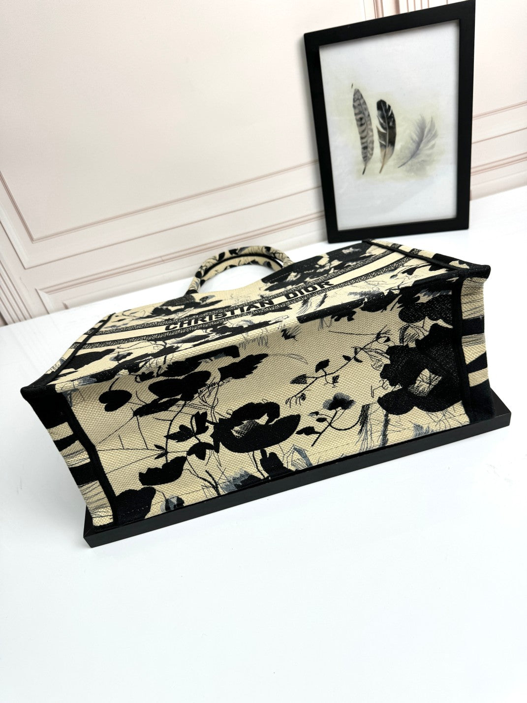Dior Black and Beige Floral Canvas Tote Bag Large Top Handle Handbag