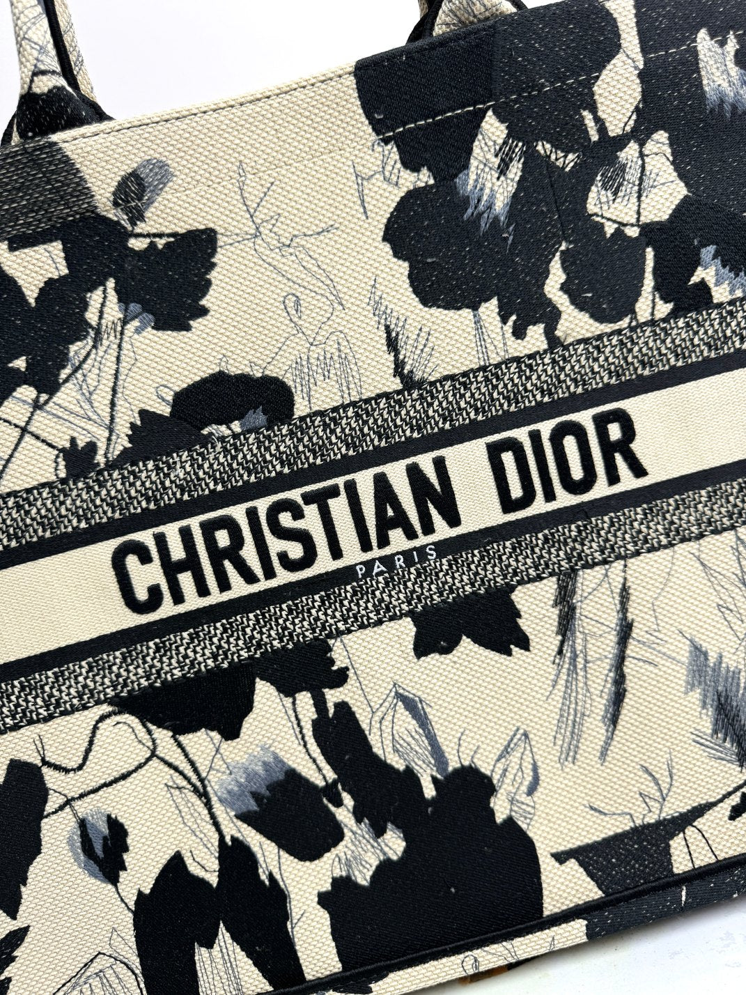 Christian Dior Book Tote Black and White Floral Embroidered Canvas Bag