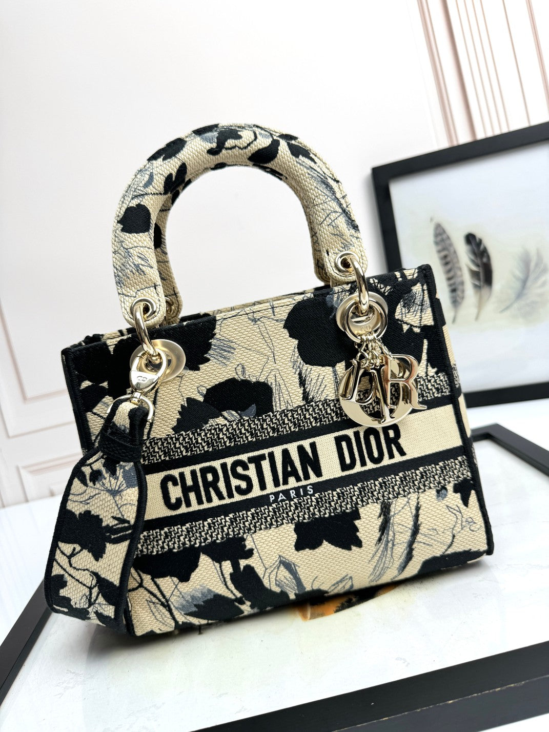 Christian Dior Lady D-Lite Handbag - Beige and Black Mille Fleurs Embroidery