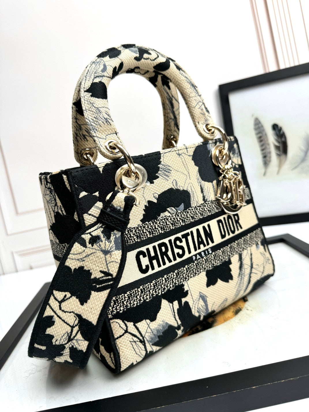 Christian Dior Lady D-Lite Handbag - Beige and Black Mille Fleurs Embroidery