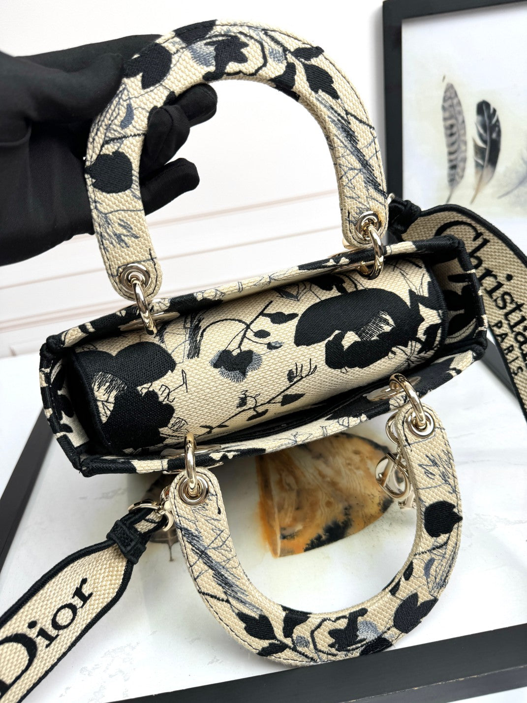 Christian Dior Lady D-Lite Handbag - Beige and Black Mille Fleurs Embroidery