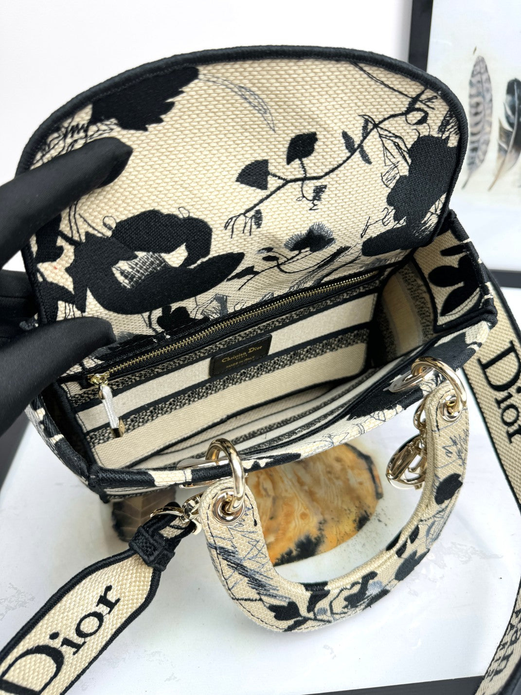Christian Dior Lady D-Lite Handbag - Beige and Black Mille Fleurs Embroidery