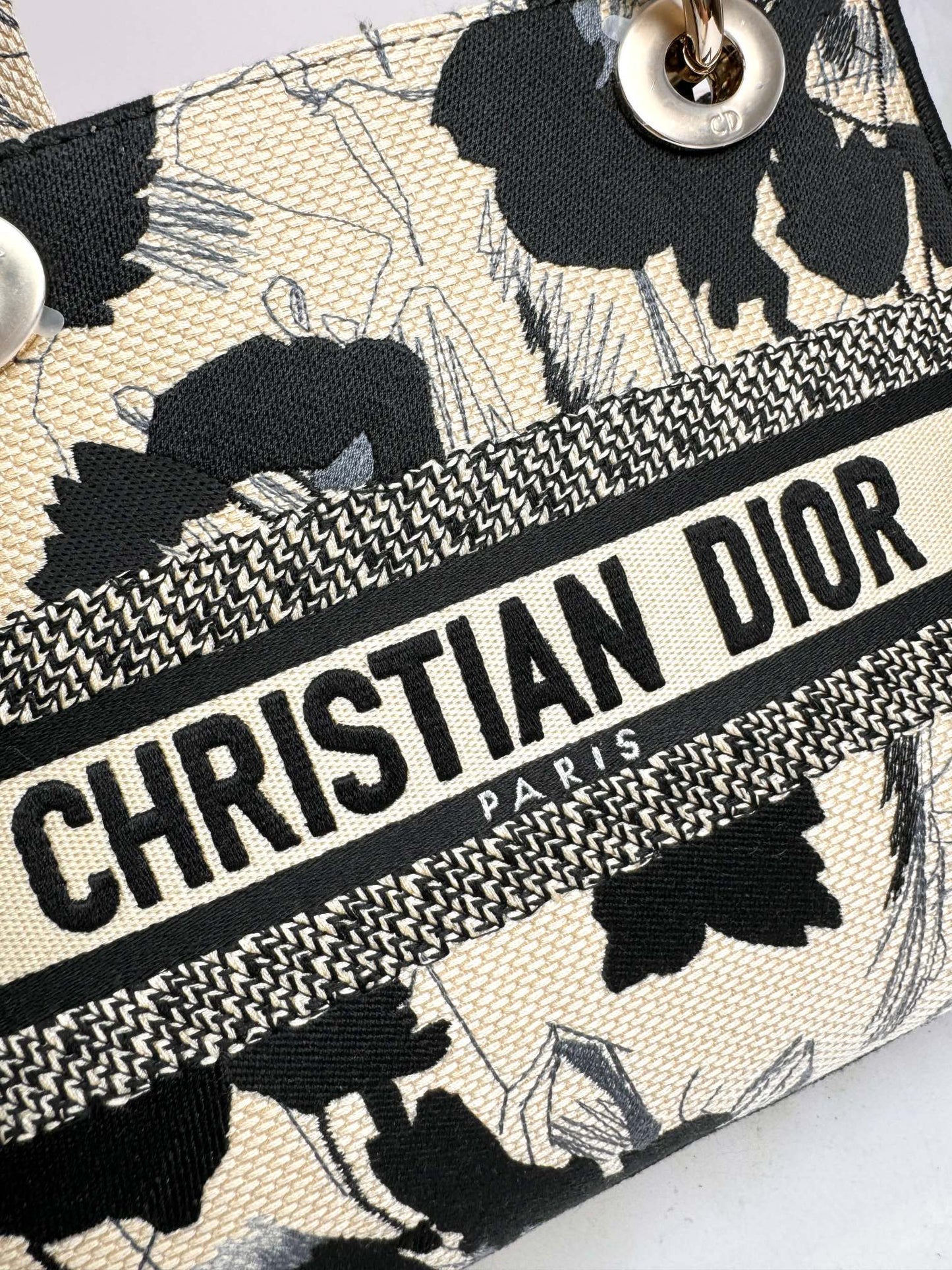 Christian Dior Lady D-Lite Handbag - Beige and Black Mille Fleurs Embroidery