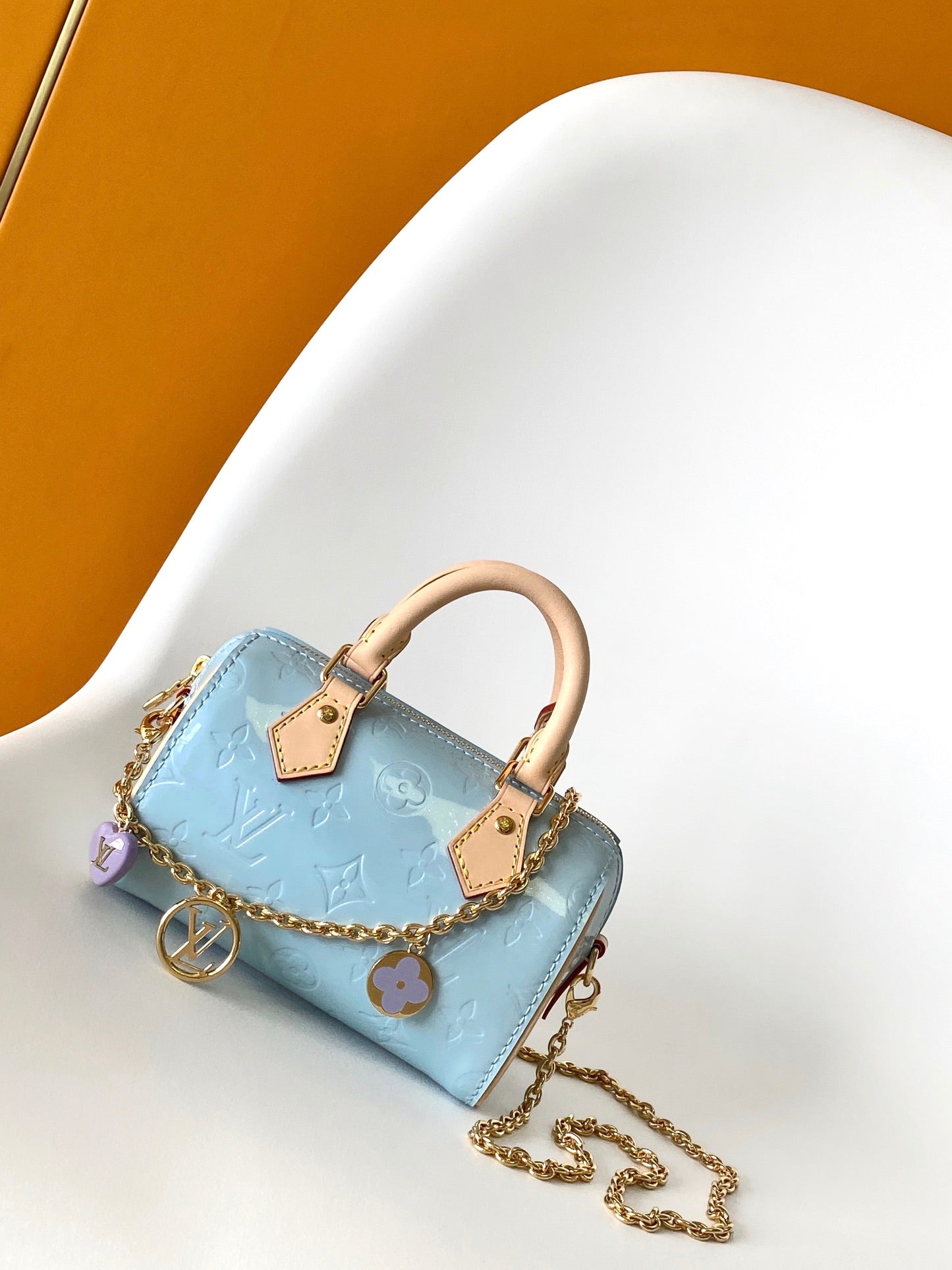 Louis Vuitton Nano Speedy Monogram Vernis Light Blue Patent Leather Handbag