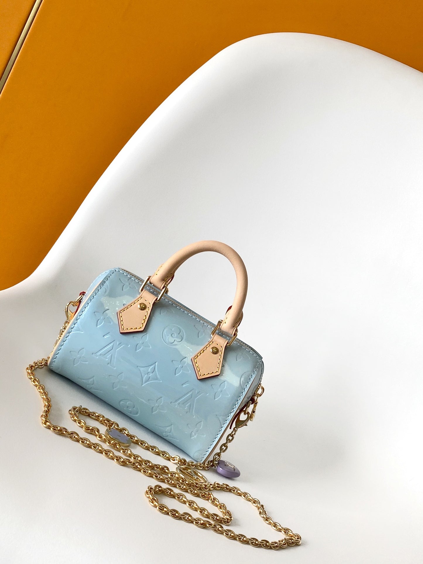 Louis Vuitton Nano Speedy Monogram Vernis Light Blue Patent Leather Handbag