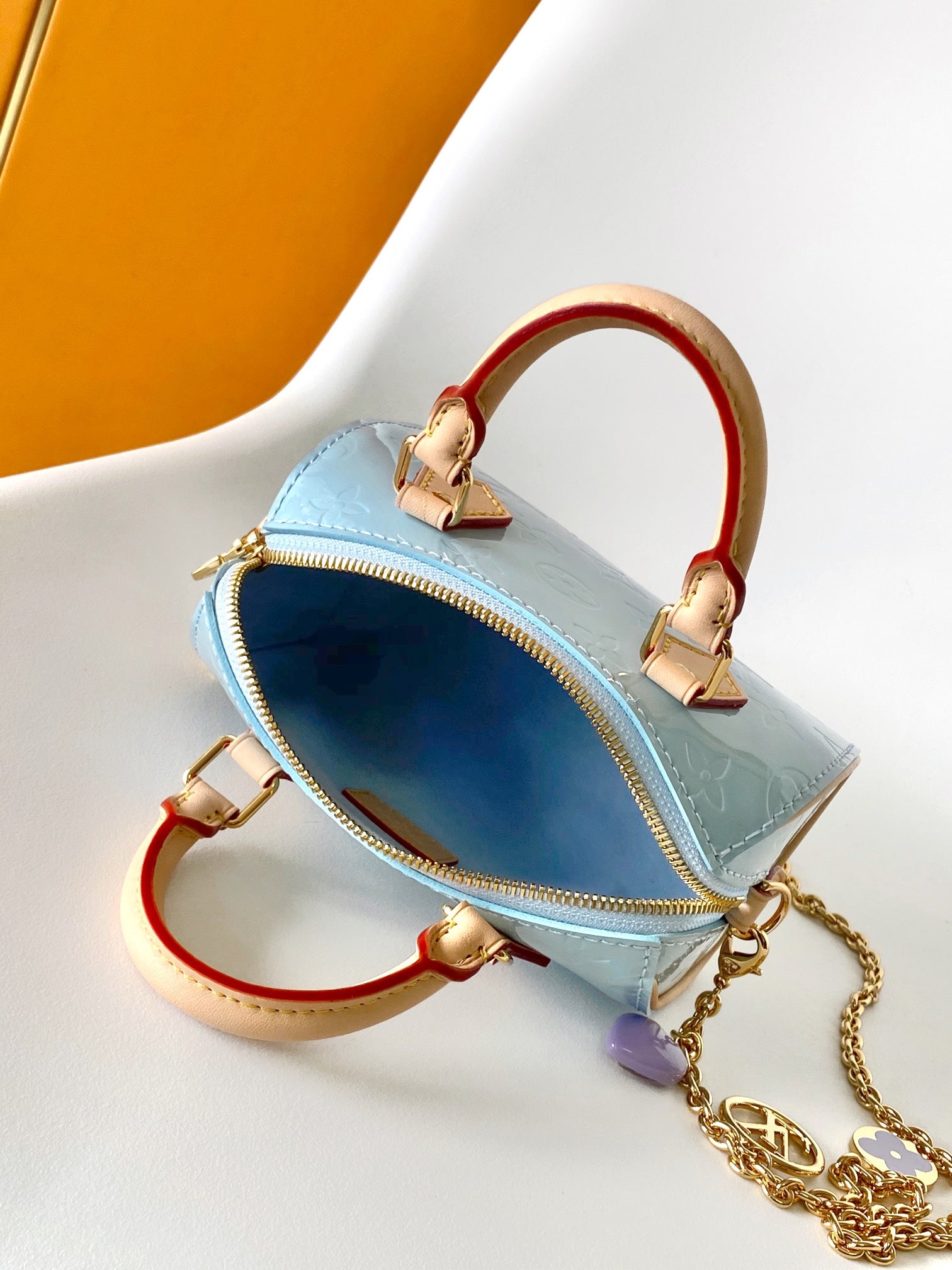 Louis Vuitton Nano Speedy Monogram Vernis Light Blue Patent Leather Handbag