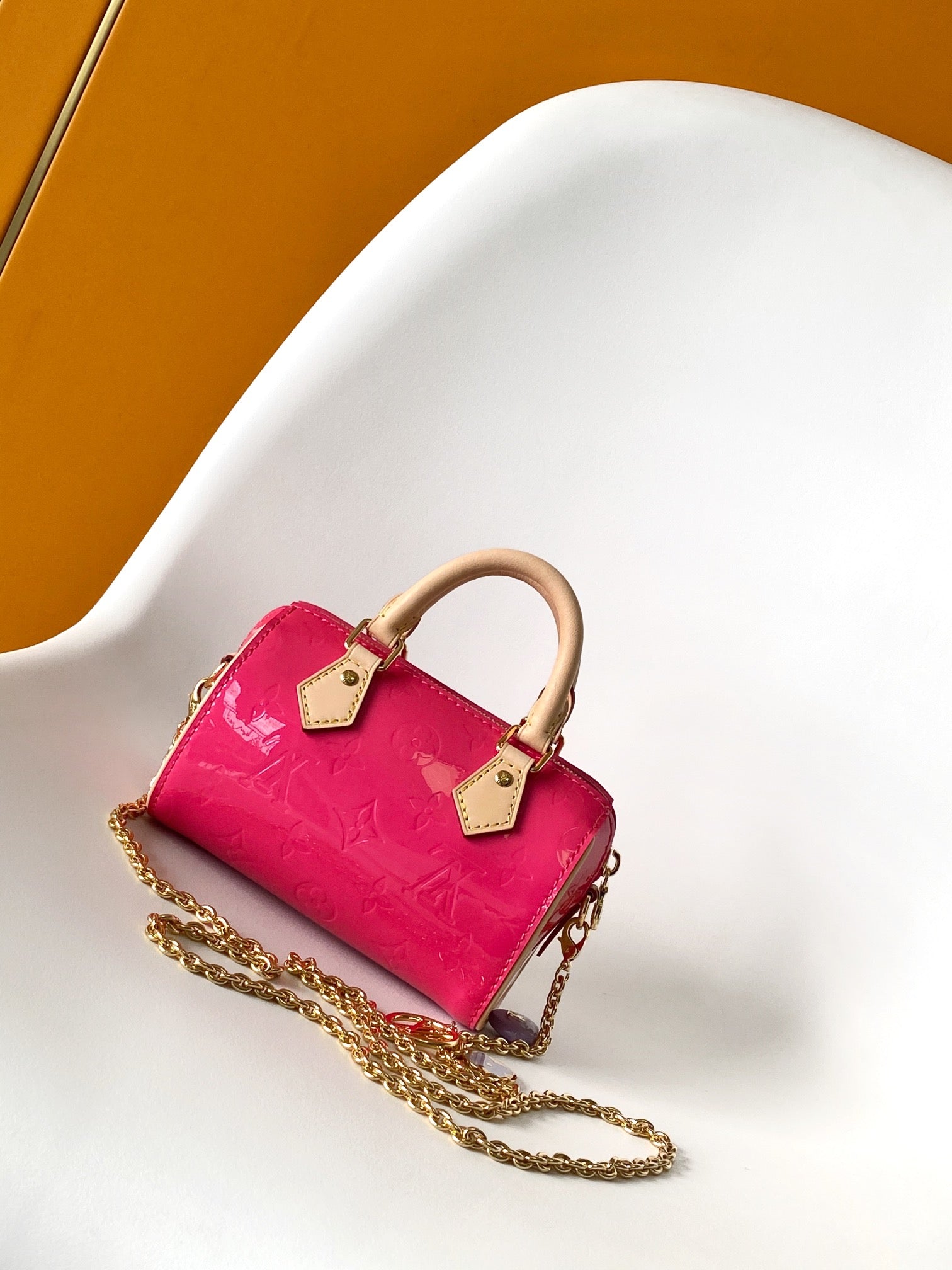 Louis Vuitton Nano Speedy Monogram Vernis Pink Patent Leather Bag with Chain Strap