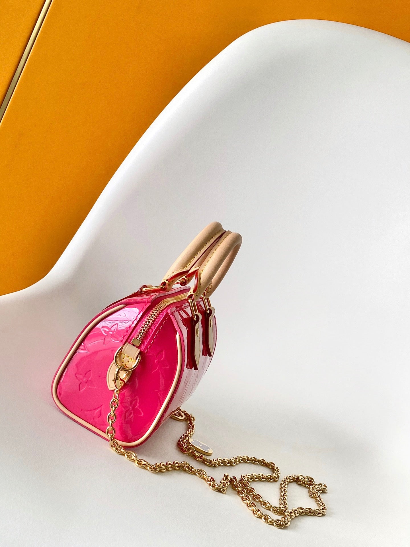 Louis Vuitton Nano Speedy Monogram Vernis Pink Patent Leather Bag with Chain Strap