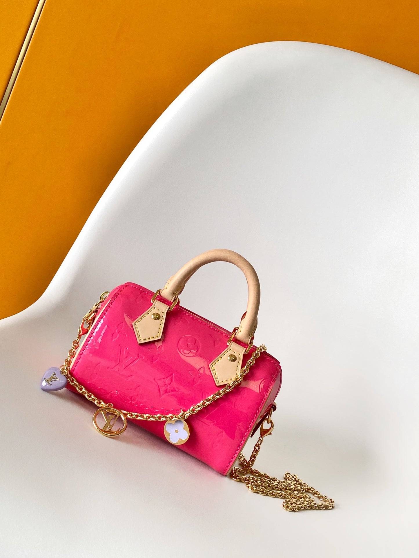 Louis Vuitton Nano Speedy Monogram Vernis Pink Patent Leather Bag with Chain Strap