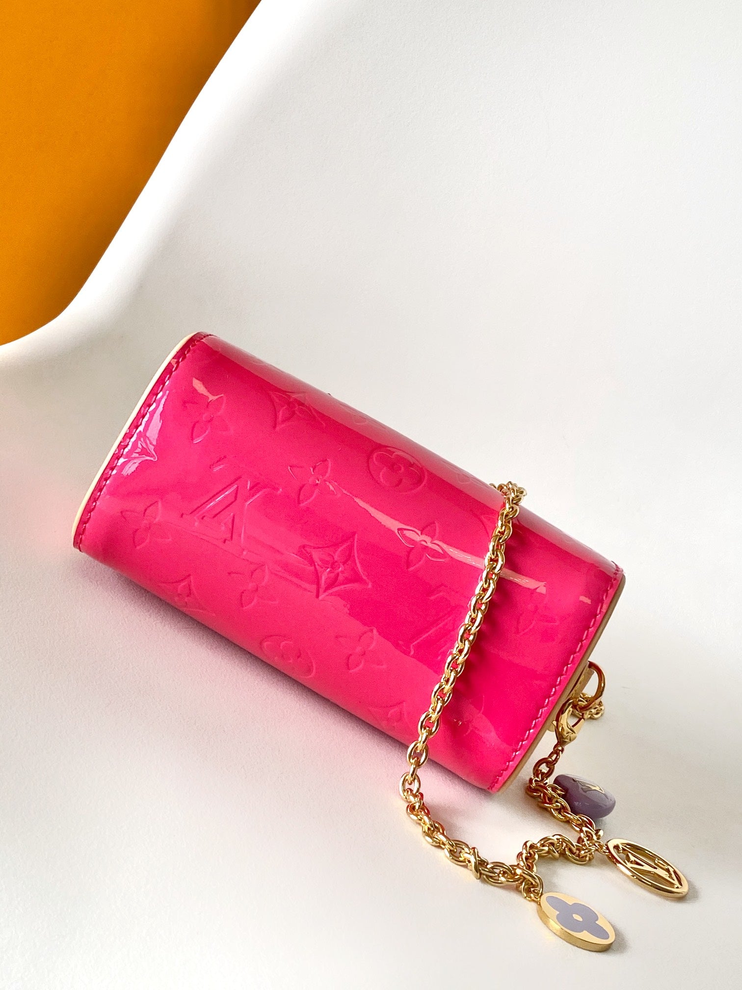 Louis Vuitton Nano Speedy Monogram Vernis Pink Patent Leather Bag with Chain Strap